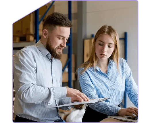 Two employees talking.